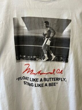 White Graphic Muhammad Ali Boxing Quote Tee, float like a butterfly
